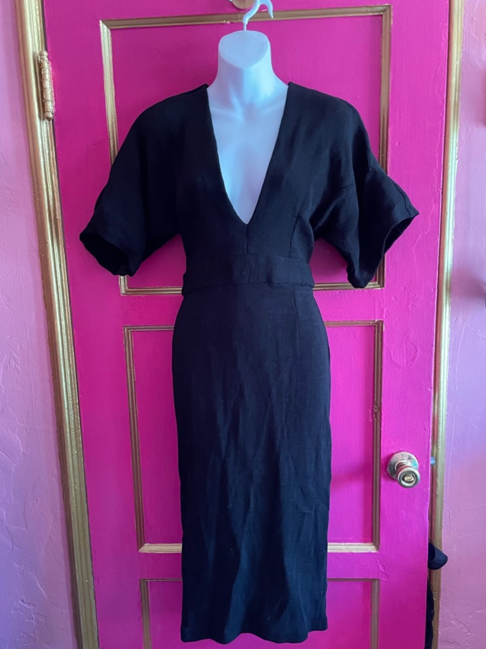 Top shop Black ribbed knit V-Neck Midi Dress with cutout back Dolman Sleeves US6